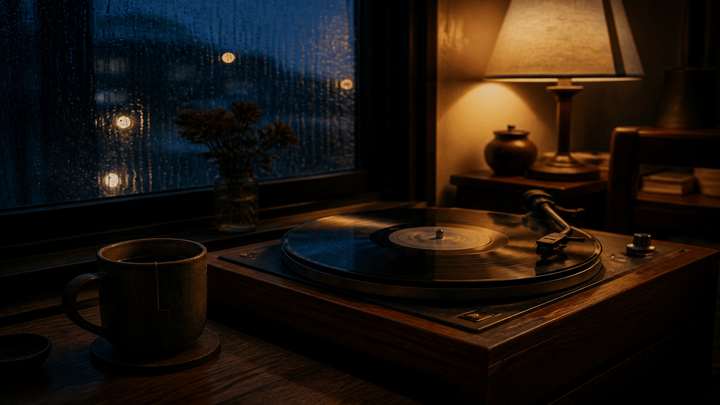 A vinyl record spinning by a rainy window at night.