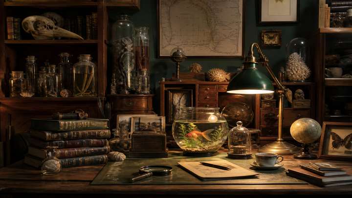 A curiosity cabinet of jars, maps, and a goldfish bowl.