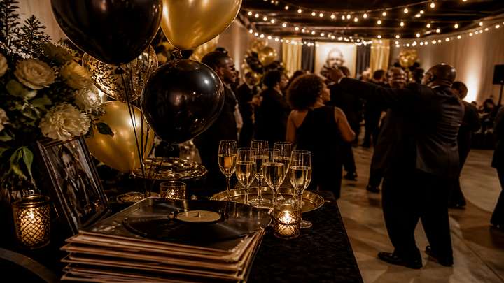 A gold-and-black celebration dance floor.