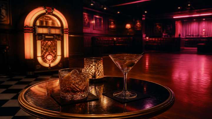 Cocktails on a bar table with a glowing jukebox behind them.