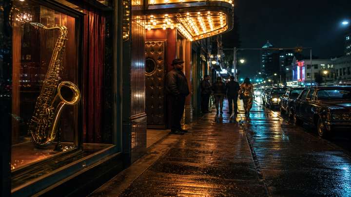 A saxophone in a shop window on a rainy Oakland street.