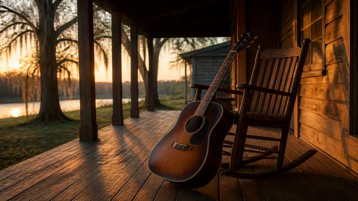 An acoustic guitar on a wooden porch at dusk.