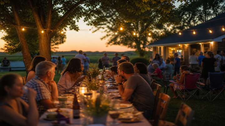 A backyard picnic table under string lights.