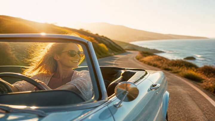 A convertible on a sunlit coastal highway.
