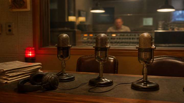 A radio quiz booth with microphones and an on-air lamp.