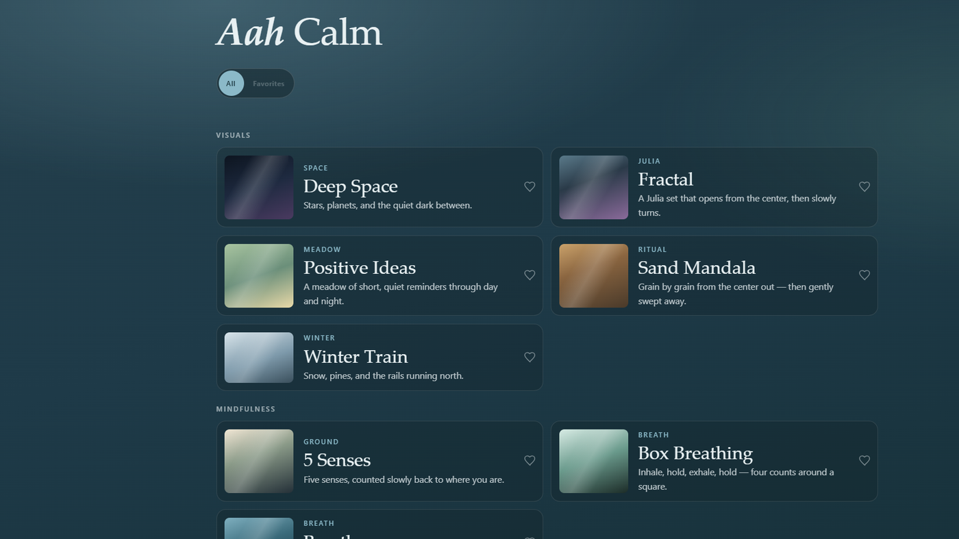AahCalm.com homepage with quiet visuals and mindfulness cards