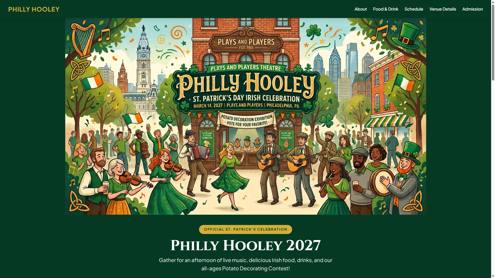 Philly Hooley 2027 event site with illustration of musicians at Plays and Players